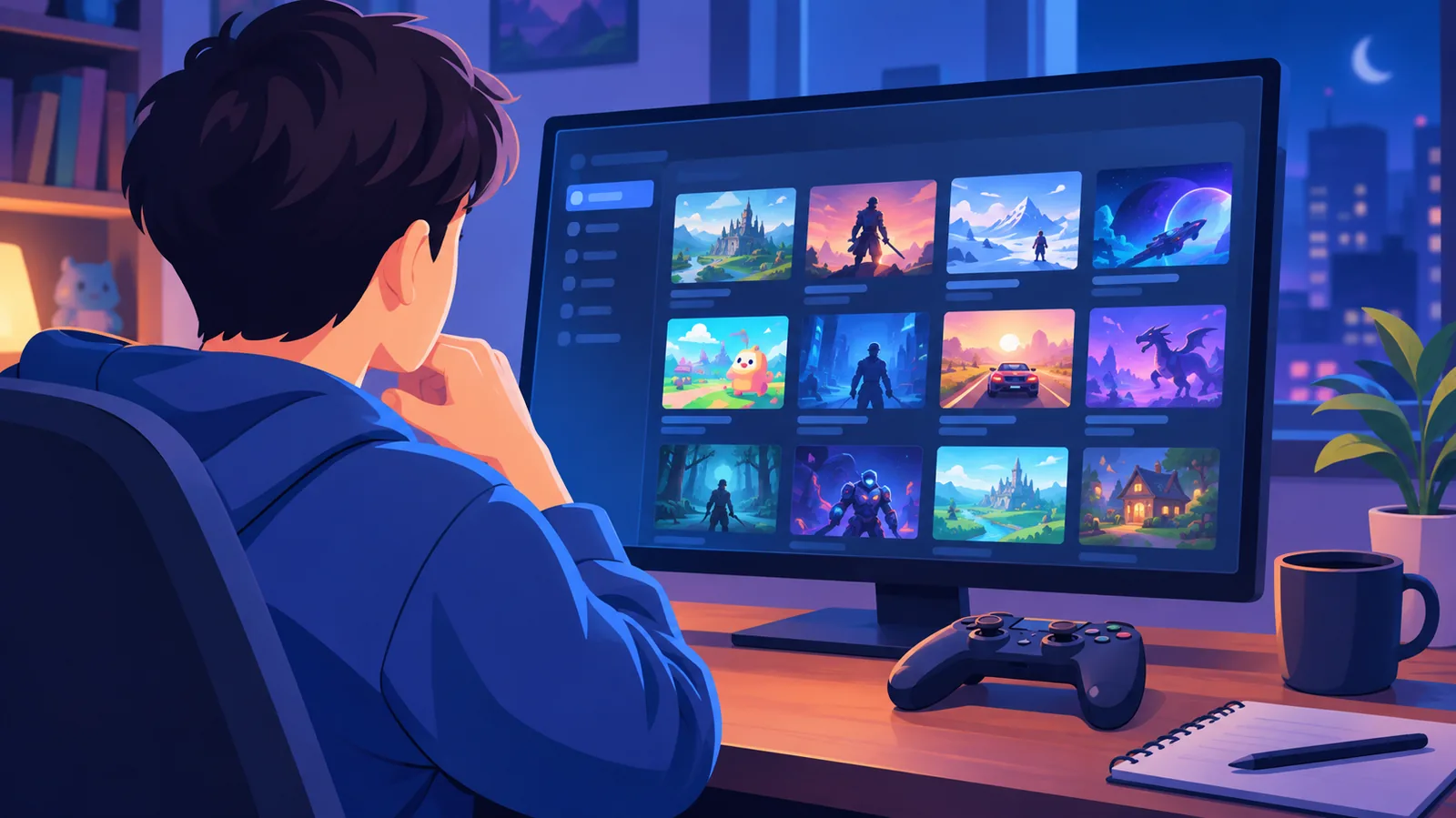 Pemain melayari perpustakaan game di Steam pada waktu malam