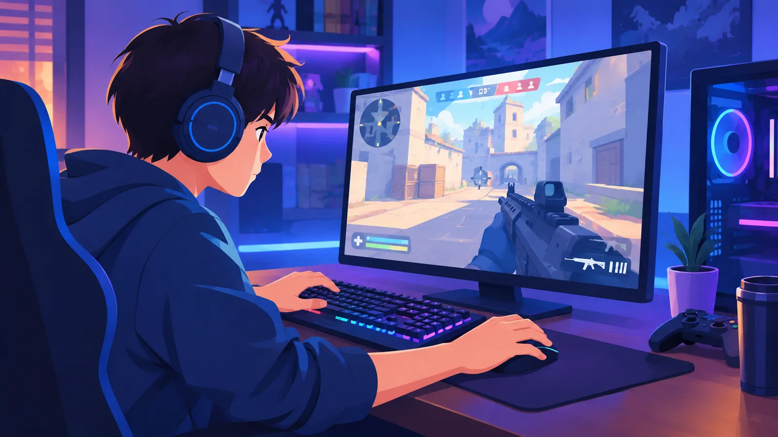 Pemain bermain game percuma di PC dengan fon kepala