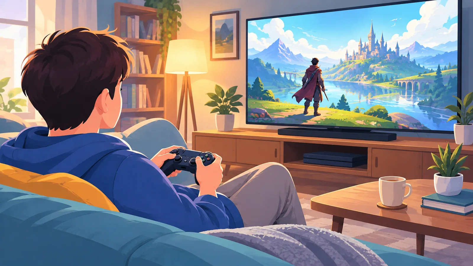 Pemain menikmati game cerita solo di ruang tamu