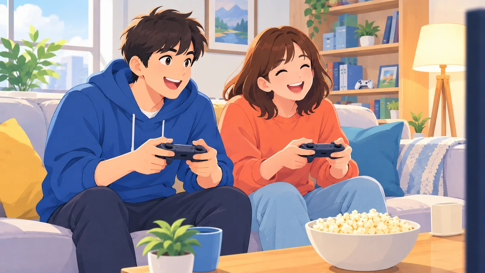 Dua rakan bermain game co-op bersama sambil ketawa