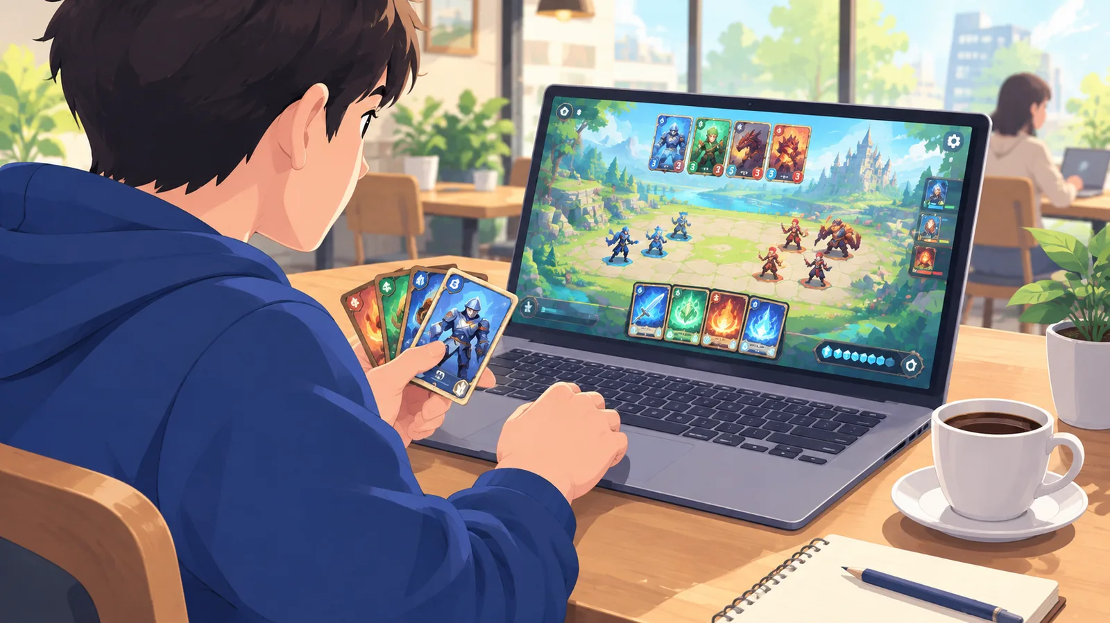 Pemain bermain game strategi santai di kafe