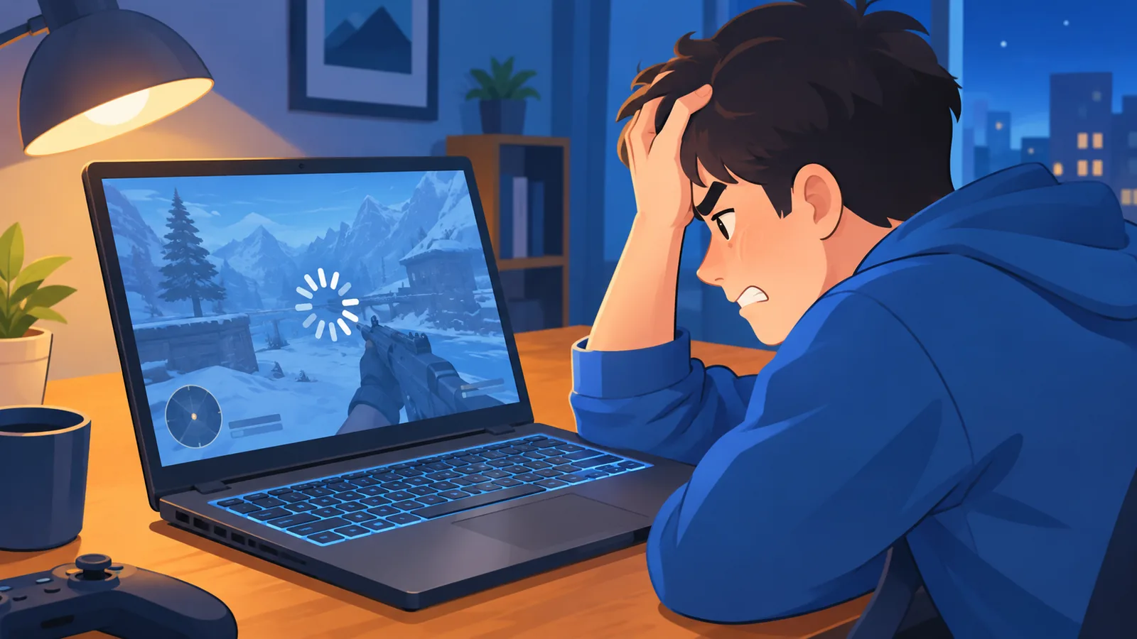 Laptop gaming dengan skrin permainan yang tersangkut