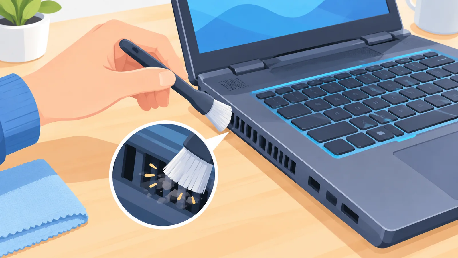 Lubang udara laptop dibersihkan dengan berus kecil