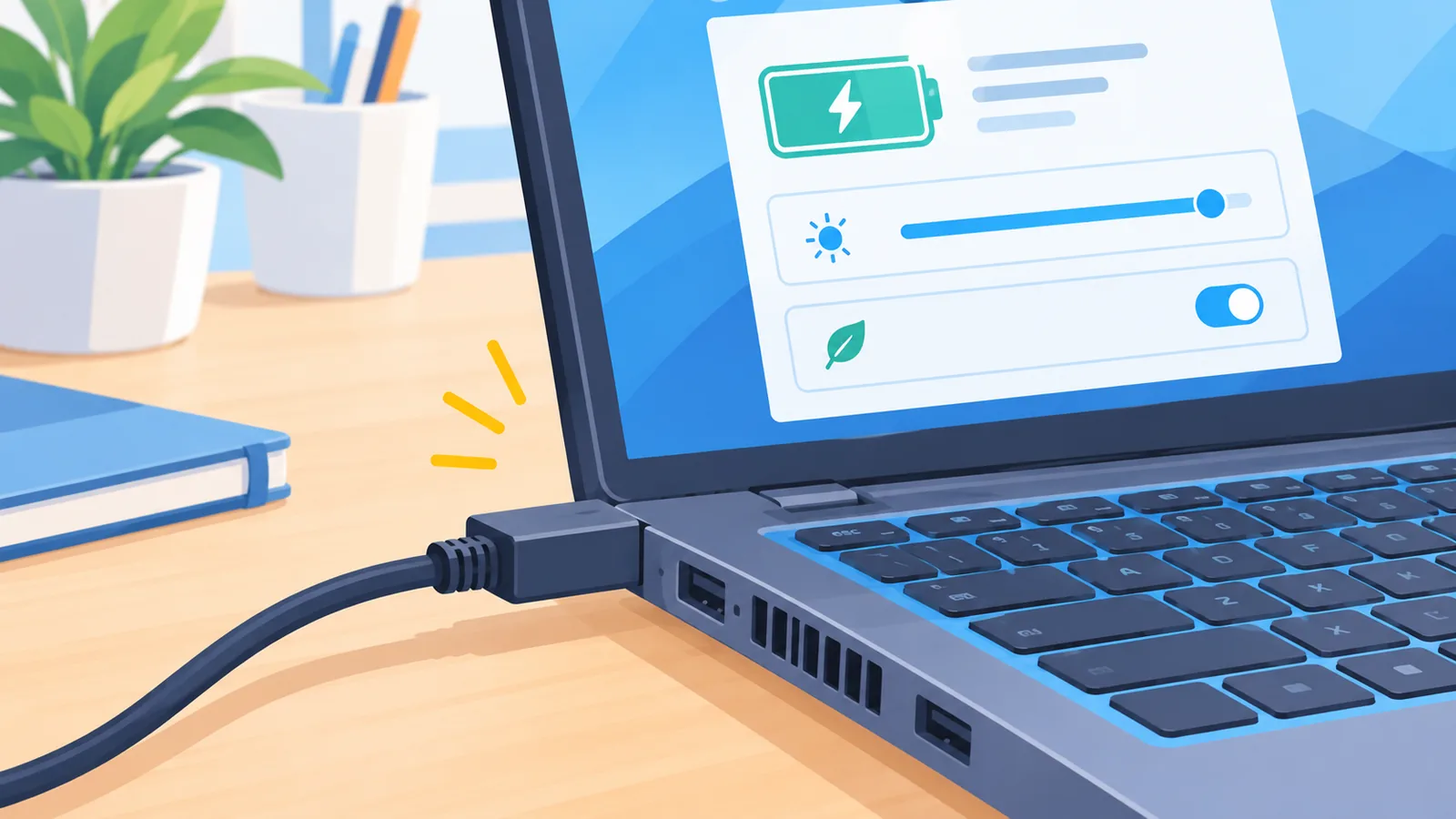 Pengecas disambung ke laptop gaming di atas meja