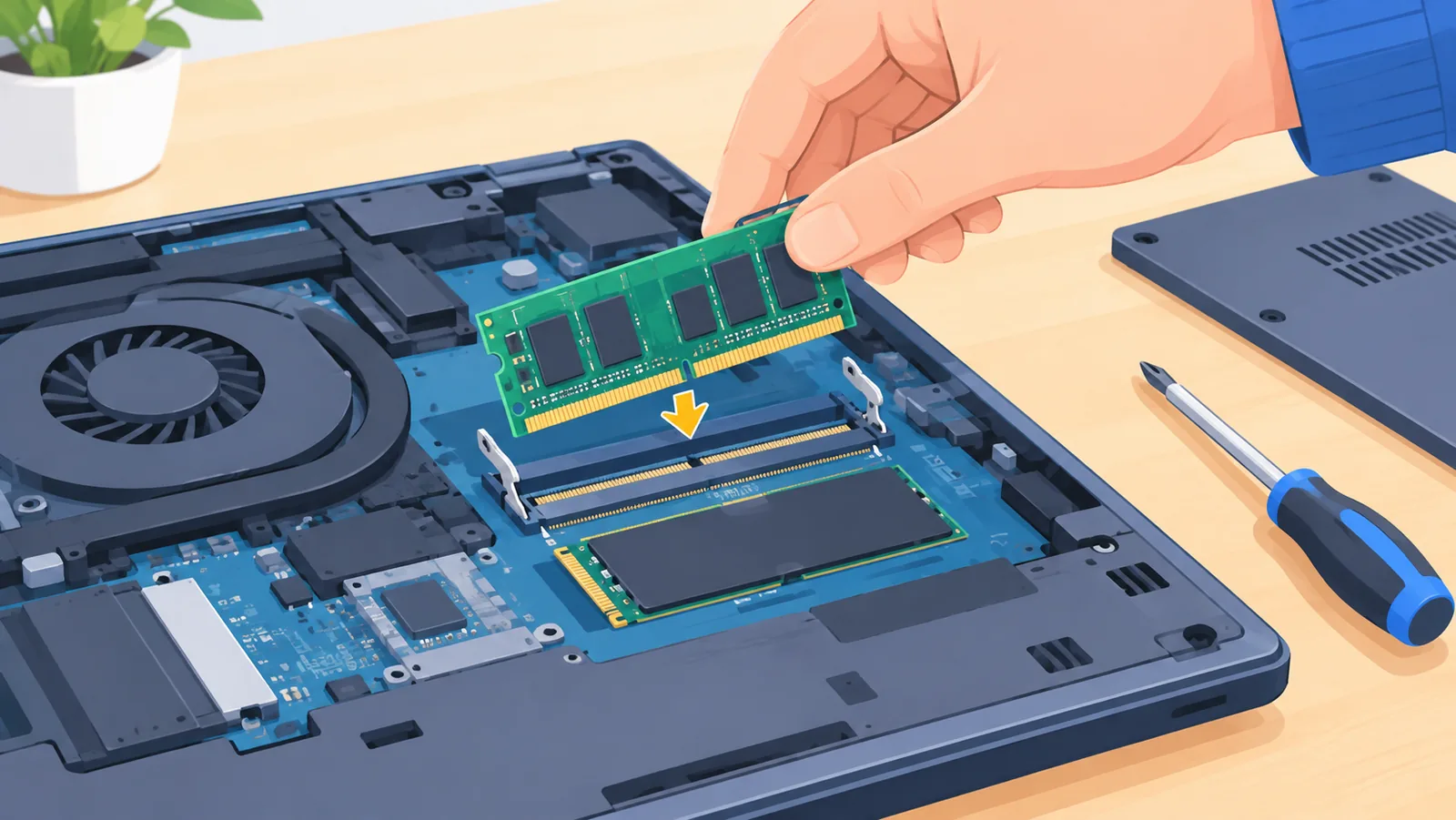 Modul RAM dipasang pada slot laptop