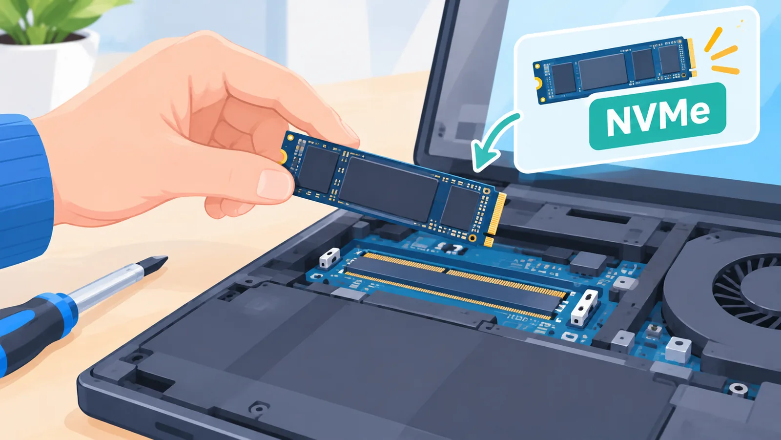 SSD NVMe dipegang berhampiran slot dalam laptop