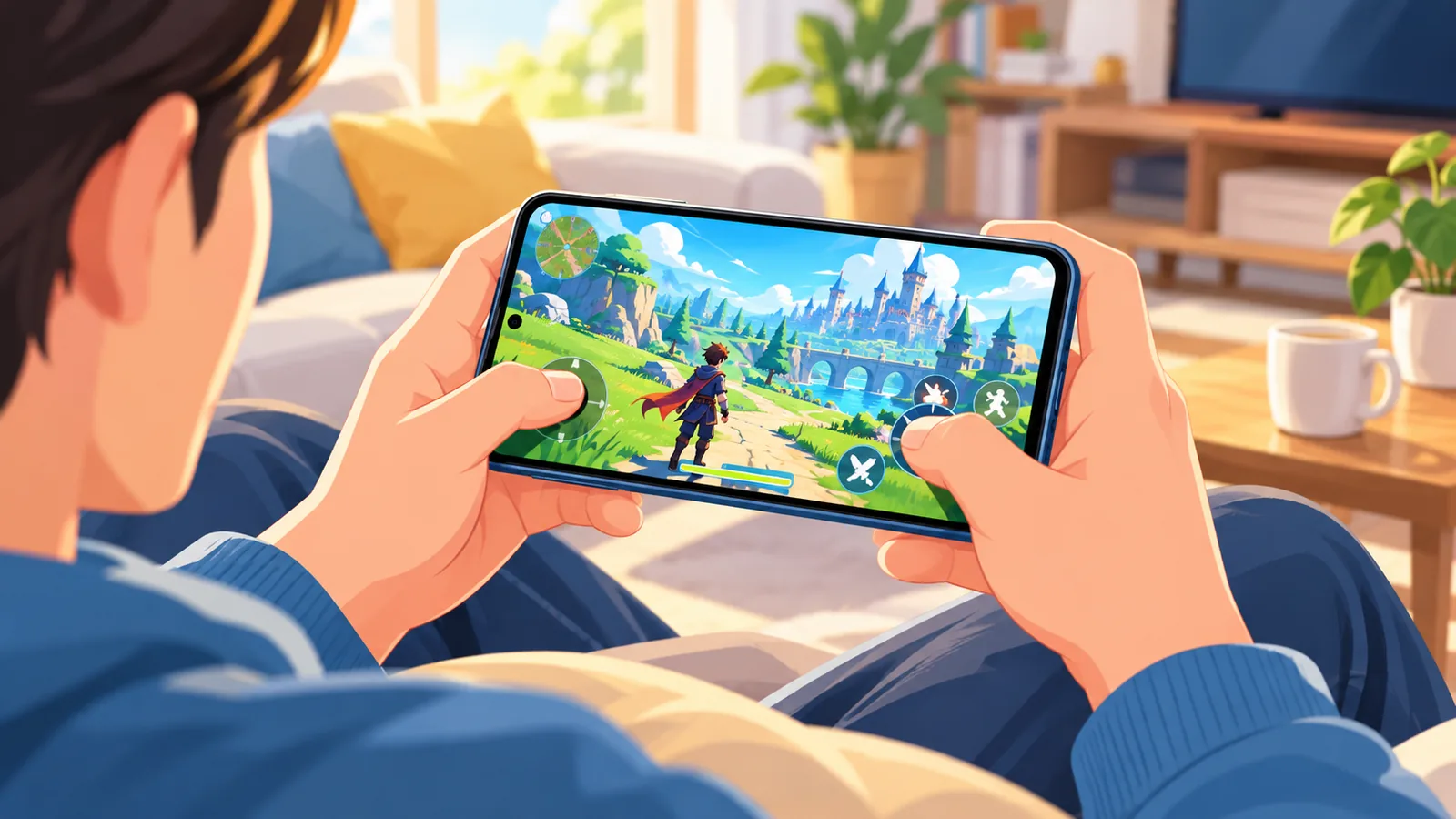 Pemain menggunakan kawalan sentuh pada telefon Android di ruang tamu