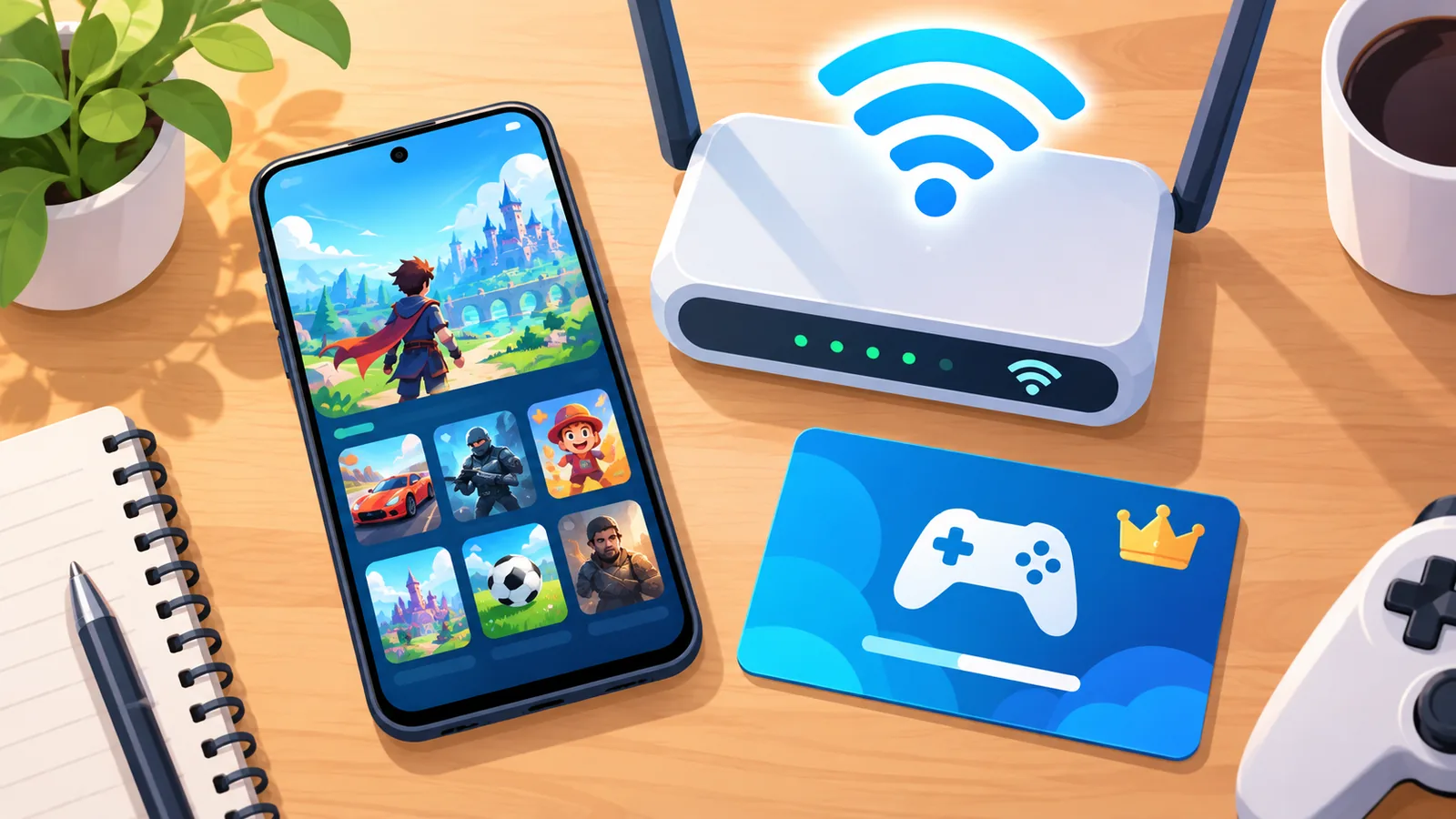 Telefon Android, router Wi-Fi dan kad langganan di atas meja kayu