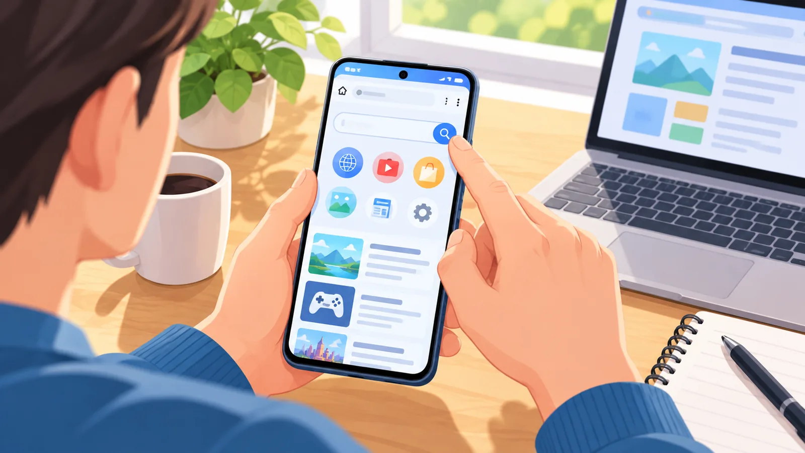 Tangan membuka pelayar web pada telefon Android untuk melancarkan cloud gaming