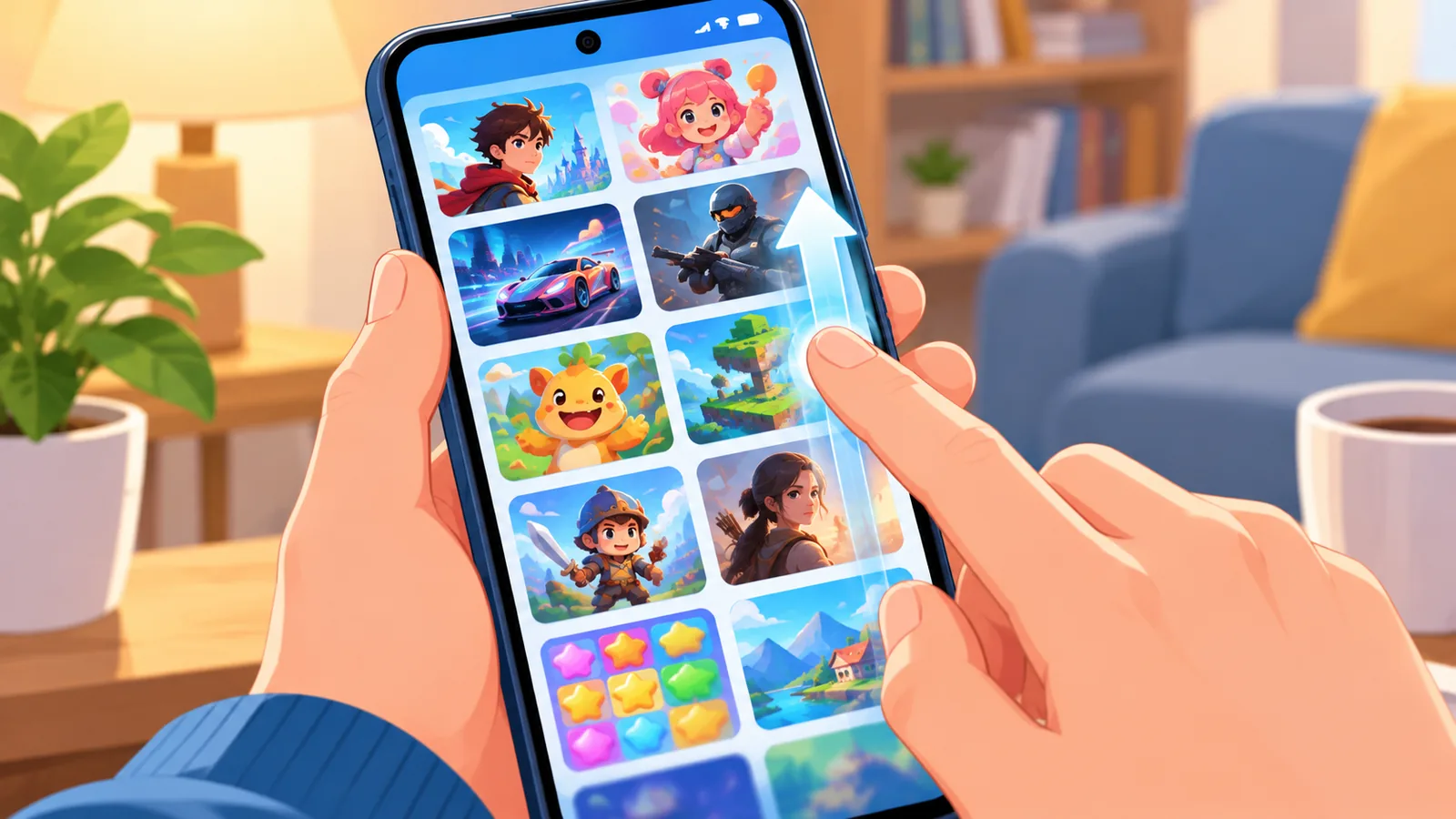 Skrin telefon menunjukkan senarai game sambil jari menatal