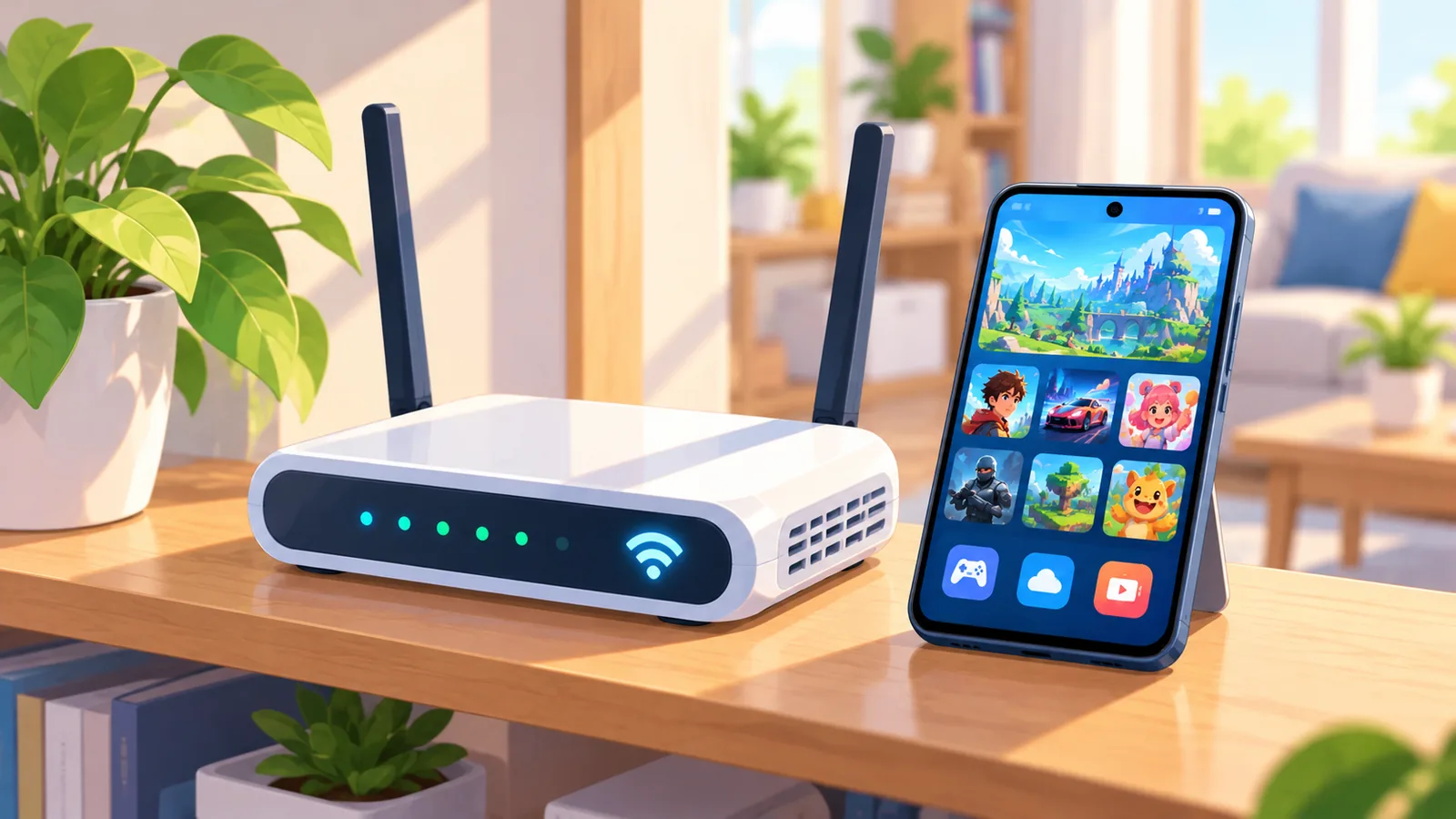 Router Wi-Fi bersebelahan telefon pintar di dalam bilik yang cerah
