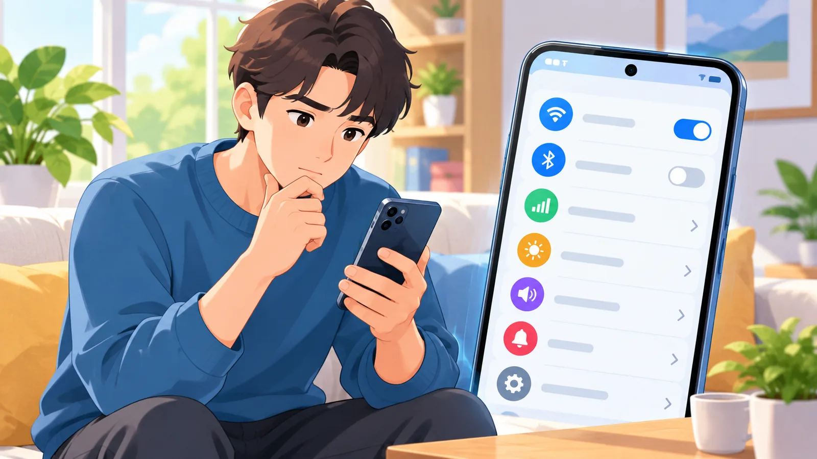 Pengguna menyemak tetapan telefon sambil duduk di sofa