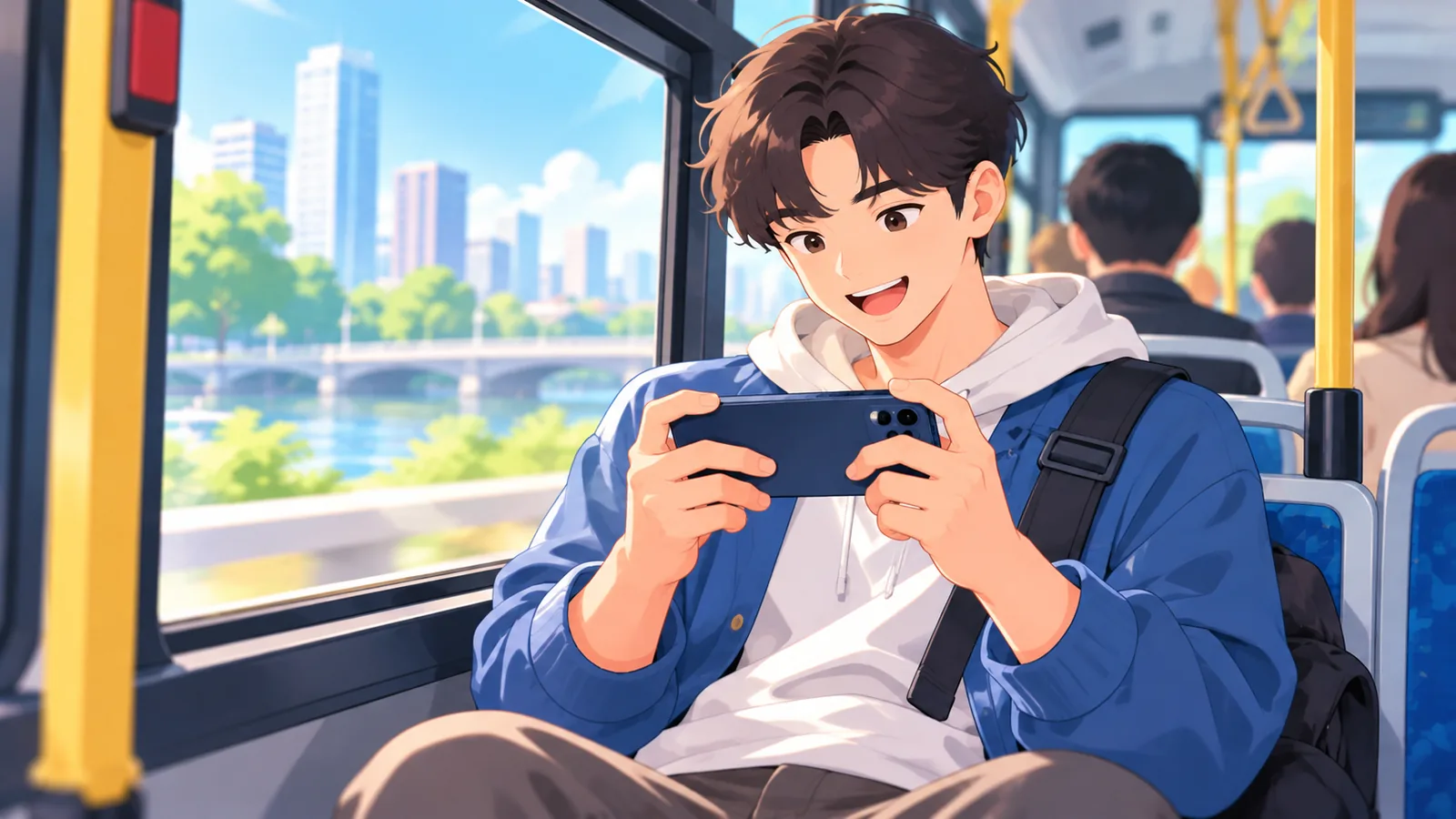 Anak muda bermain game di telefon semasa menaiki bas