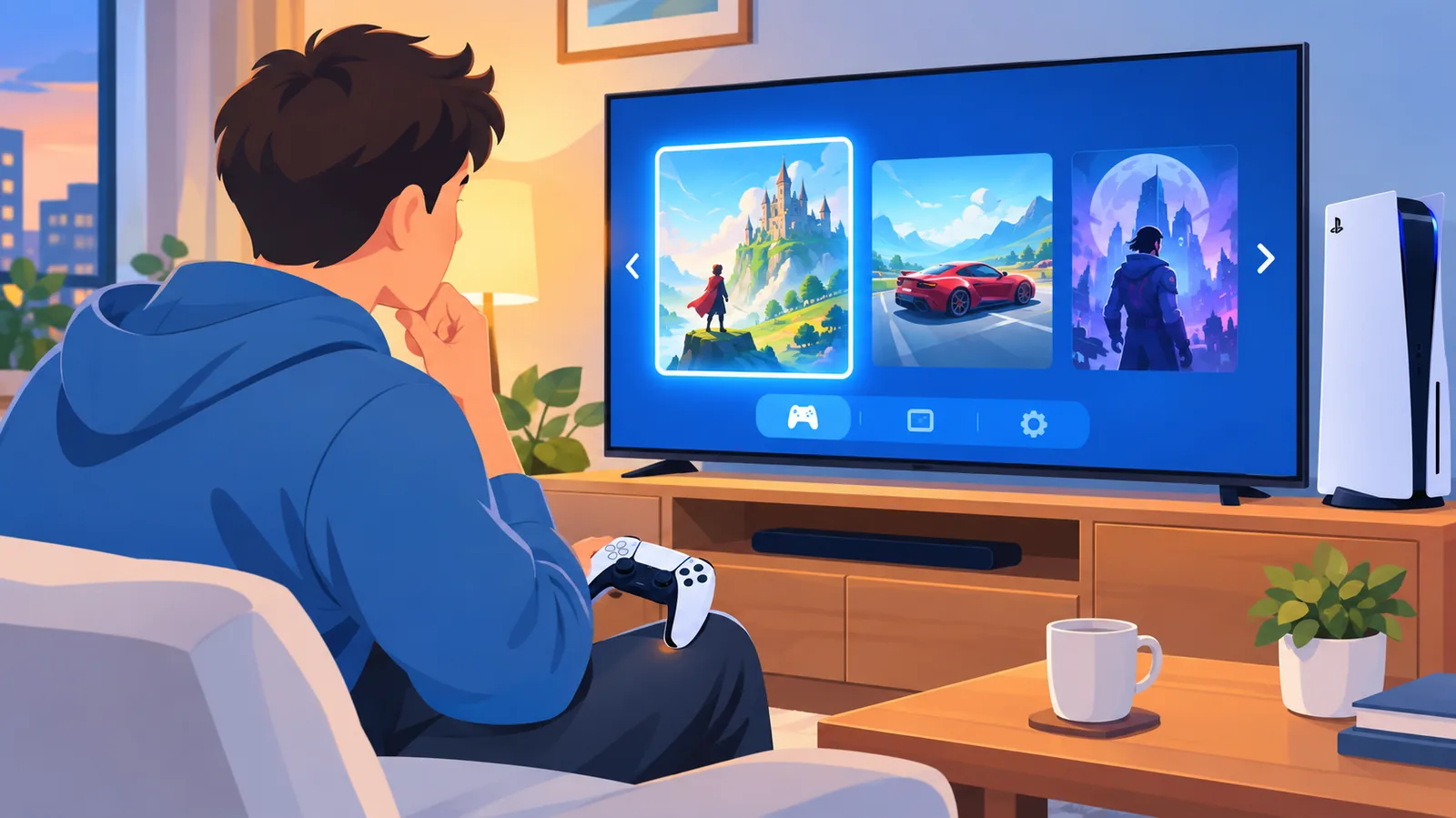 Ruang tamu dengan PS5 dan menu permainan pada TV