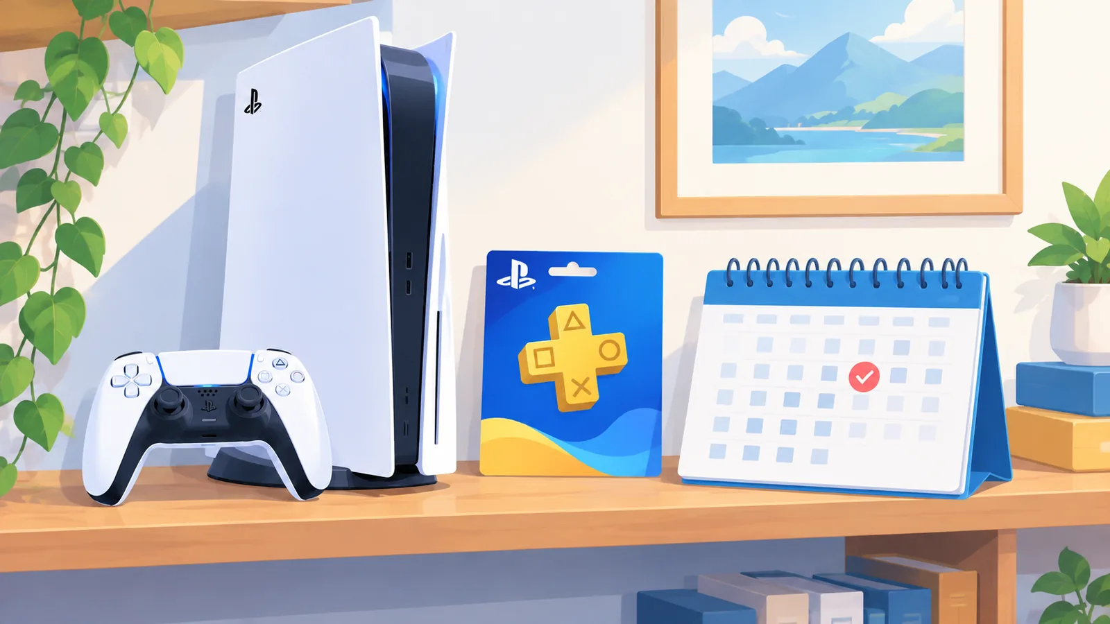 Konsol PS5 dengan kad langganan dan kalendar