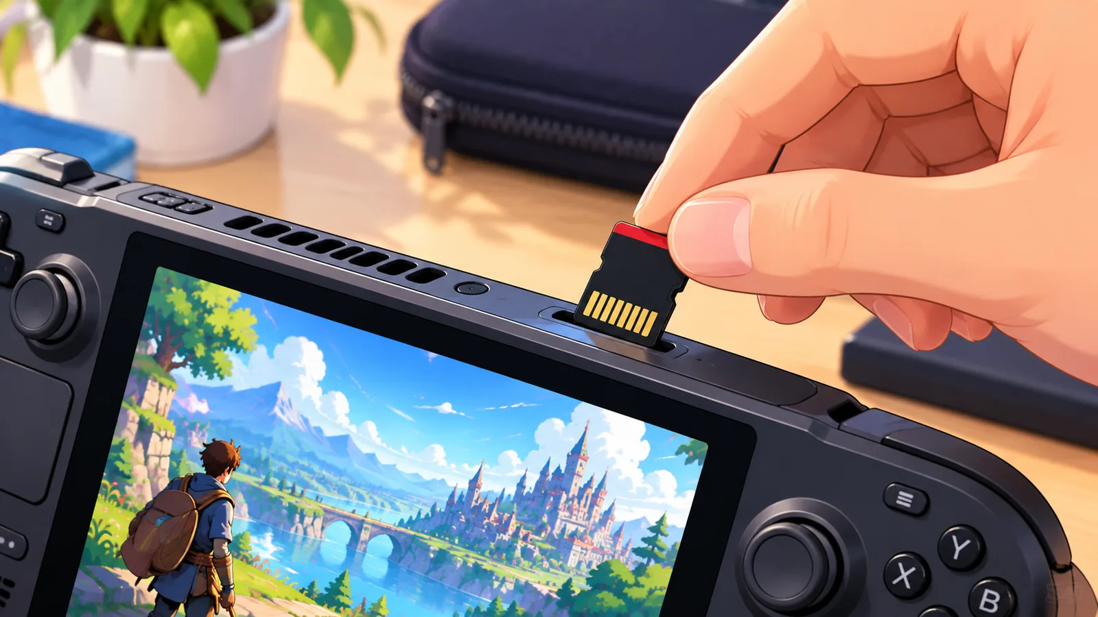Tangan memasukkan kad microSD ke dalam slot konsol