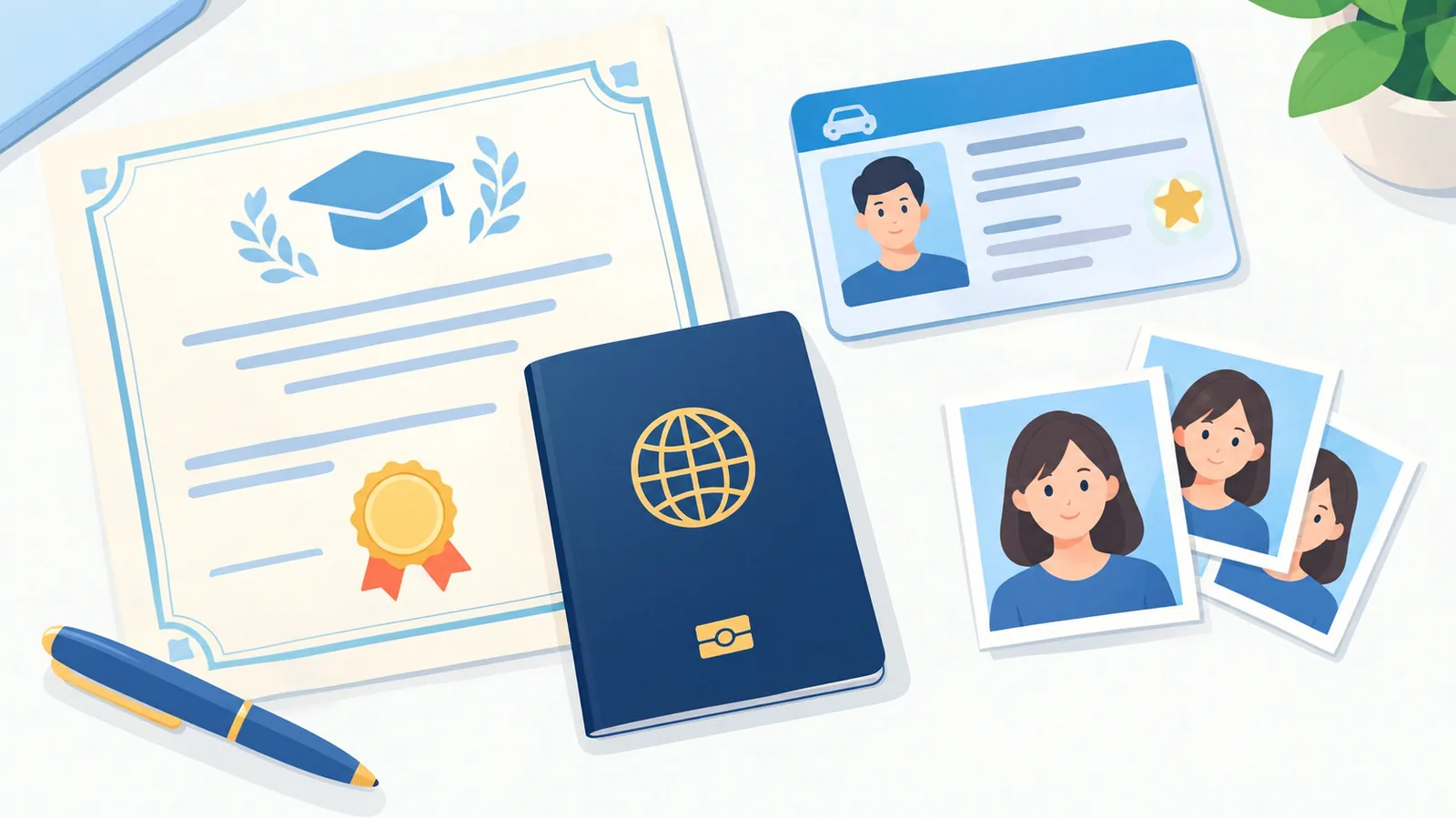 Dokumen pengenalan, sijil dan gambar saiz pasport disusun di atas meja