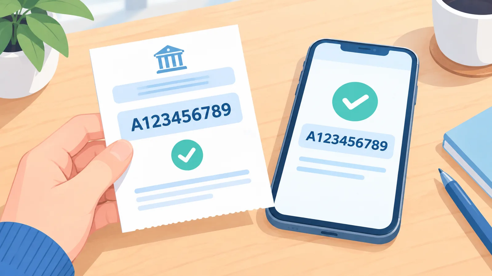 Resit permohonan dengan nombor rujukan di atas meja