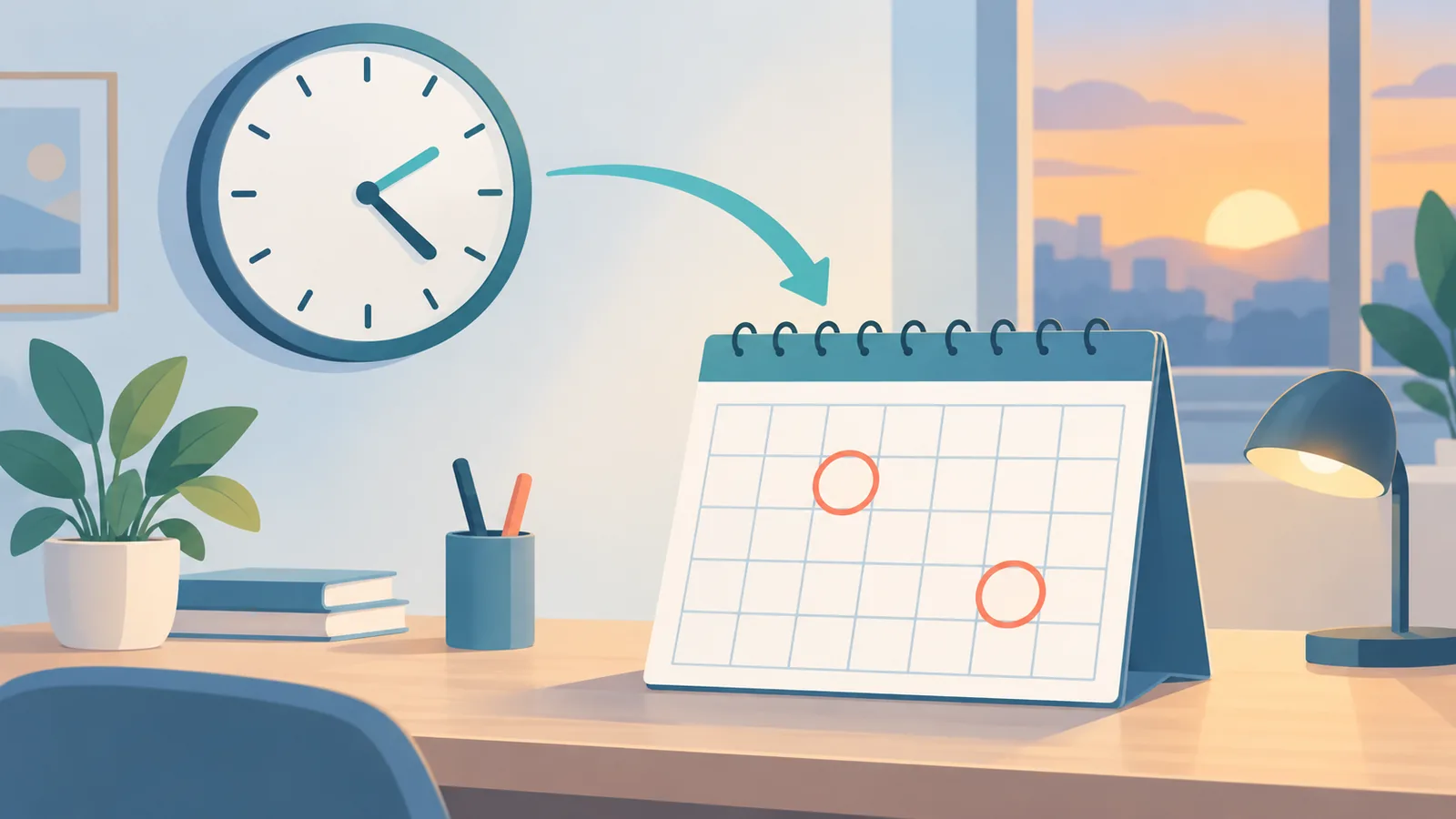 Jam dinding dan kalendar dengan dua hari ditandakan