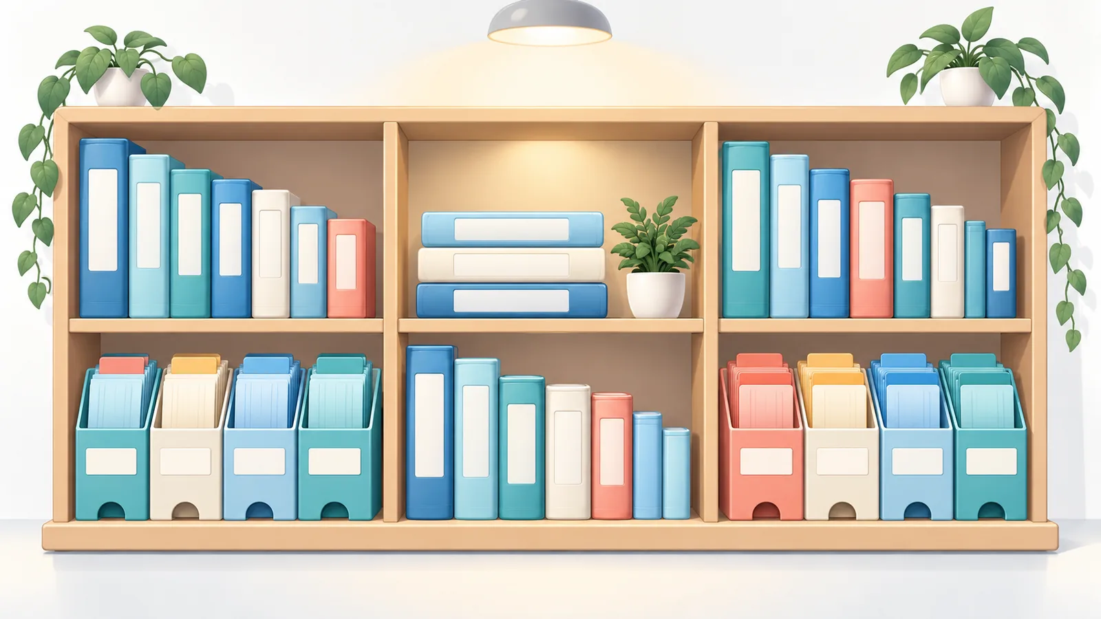 Rak buku rujukan dengan folder berlabel