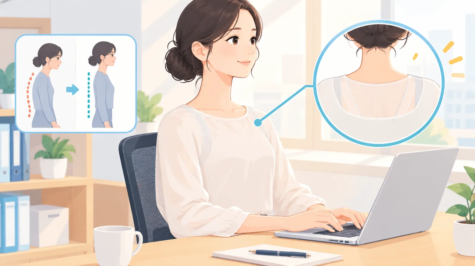 Wanita memakai penyokong postur di bawah pakaian longgar di pejabat
