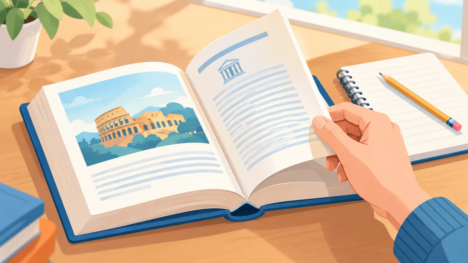 Tangan membuka bahagian bibliografi sebuah buku sejarah