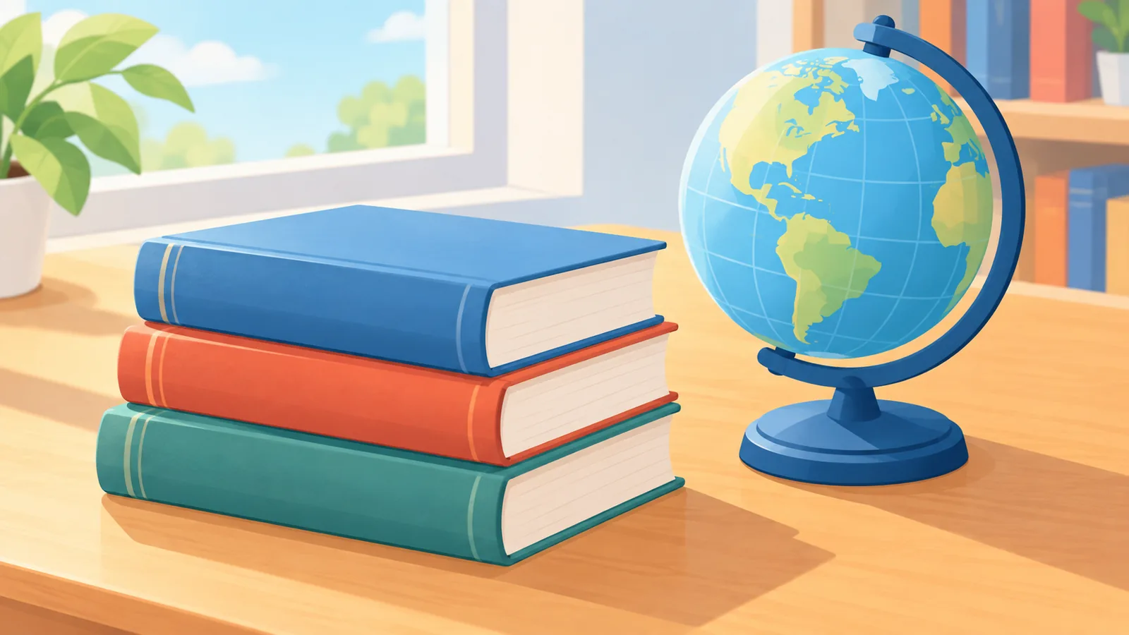 Tiga buku sejarah dunia bersama glob kecil di atas meja