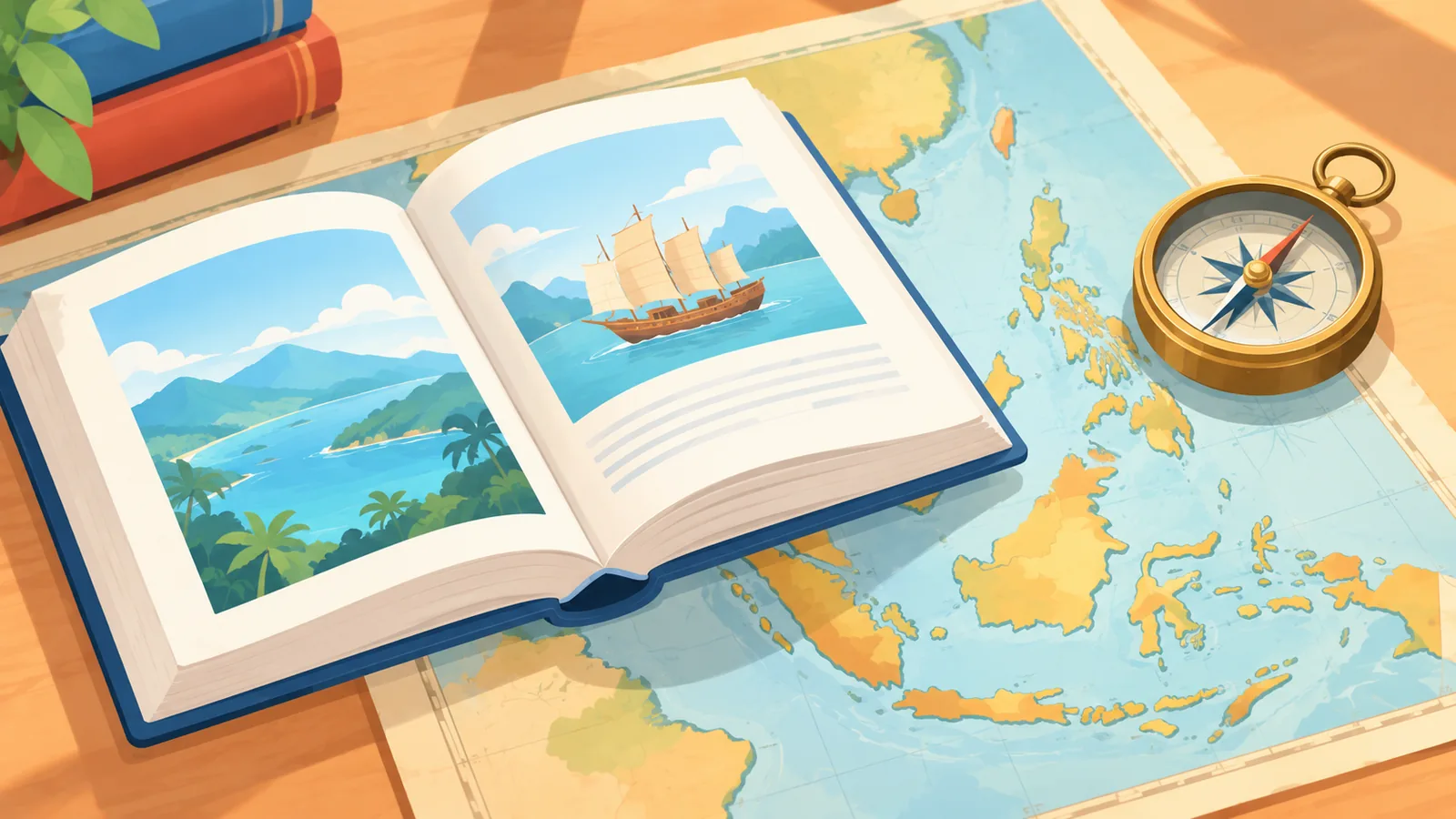 Buku terbuka di atas peta lama Asia Tenggara bersama kompas