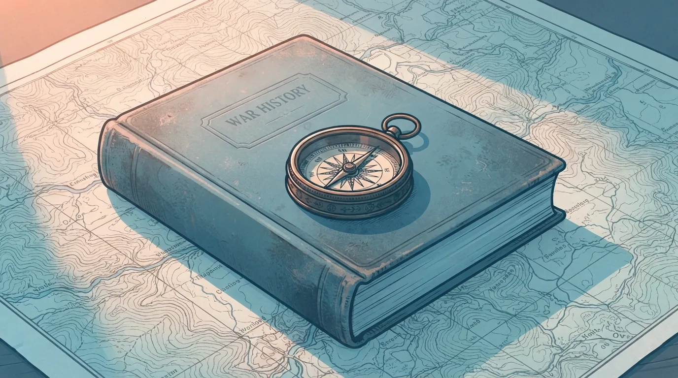 Buku sejarah perang di atas peta topografi lama bersama kompas