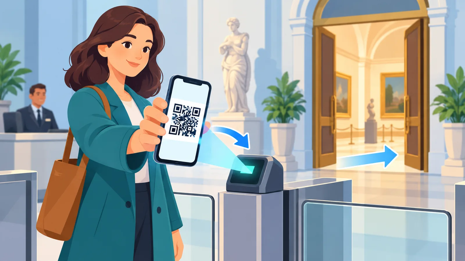 Pelancong menunjukkan tiket digital di pintu masuk muzium