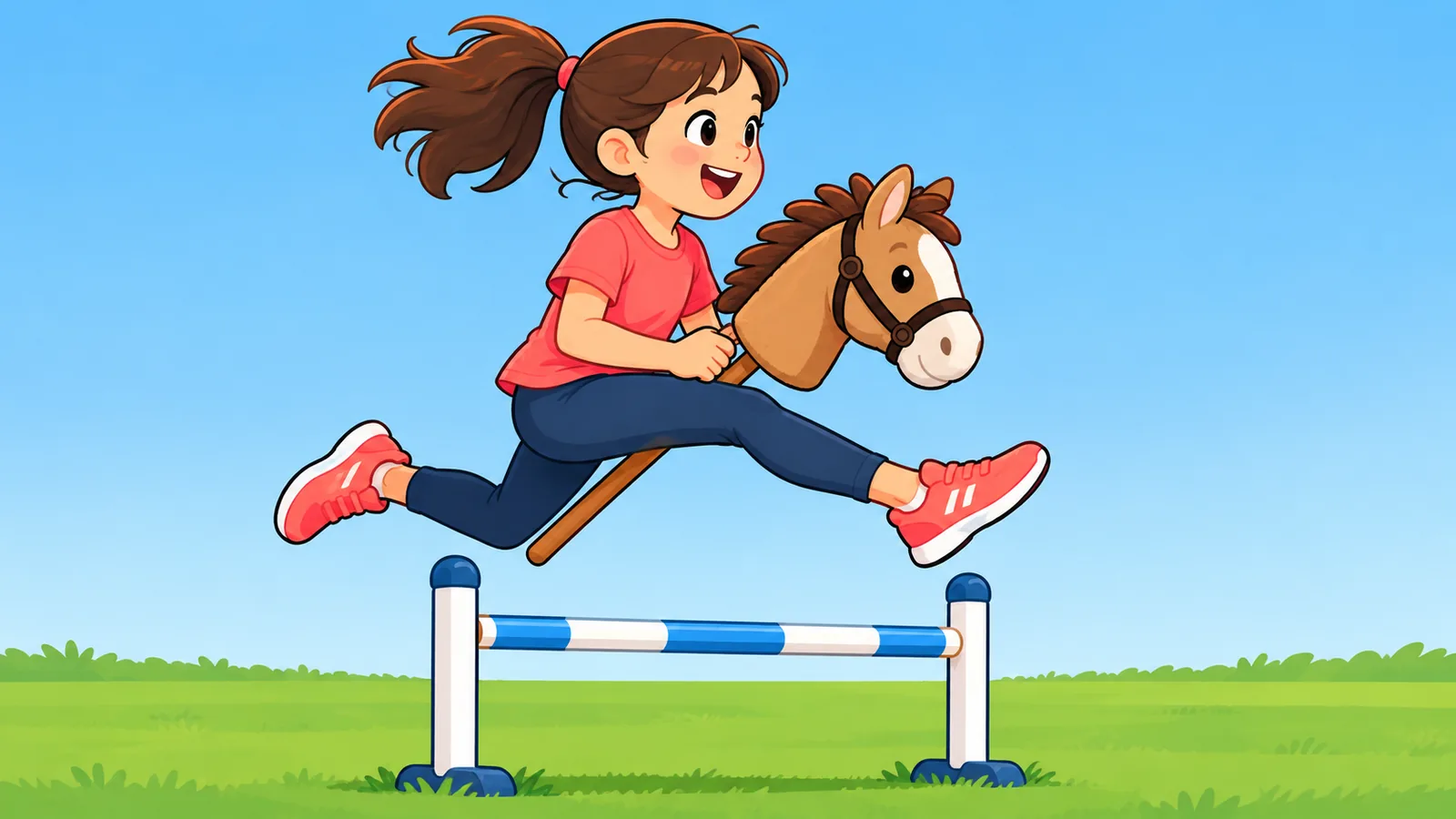 Kanak-kanak melompat halangan rendah dengan hobby horse di halaman rumah