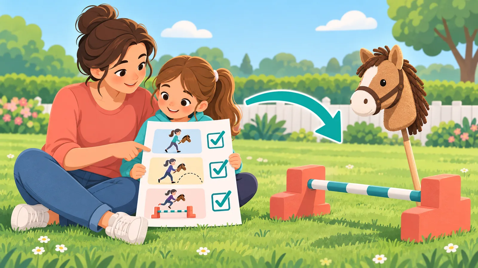 Ibu bapa dan anak menyemak senarai latihan hobby horse
