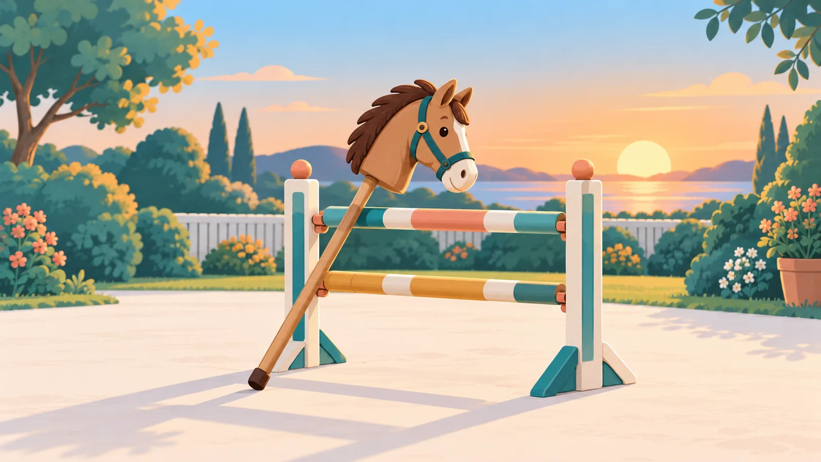 Hobby horse bersandar pada halangan kecil ketika matahari terbenam