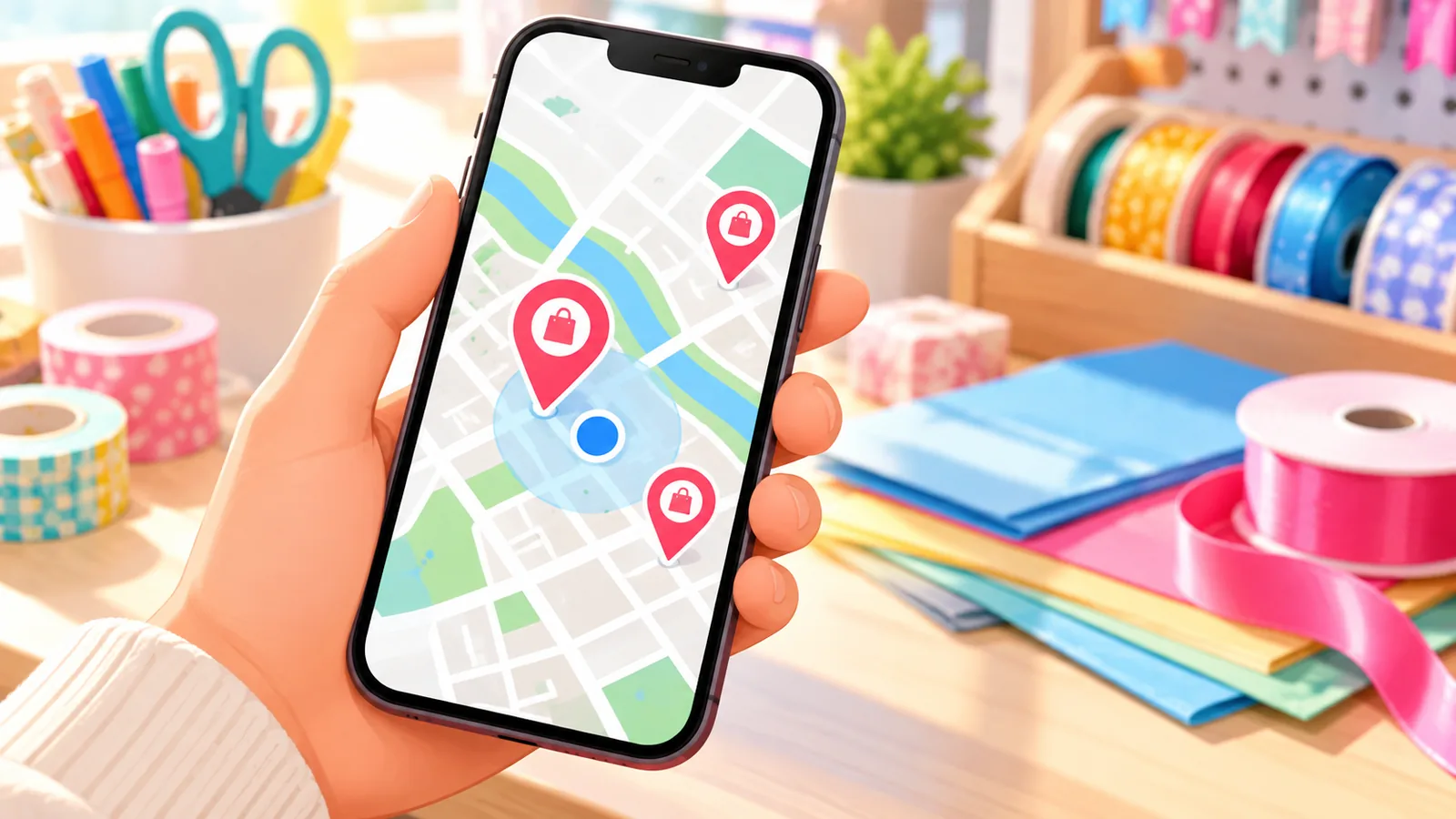 Tangan memegang telefon pintar yang menunjukkan peta carian kedai