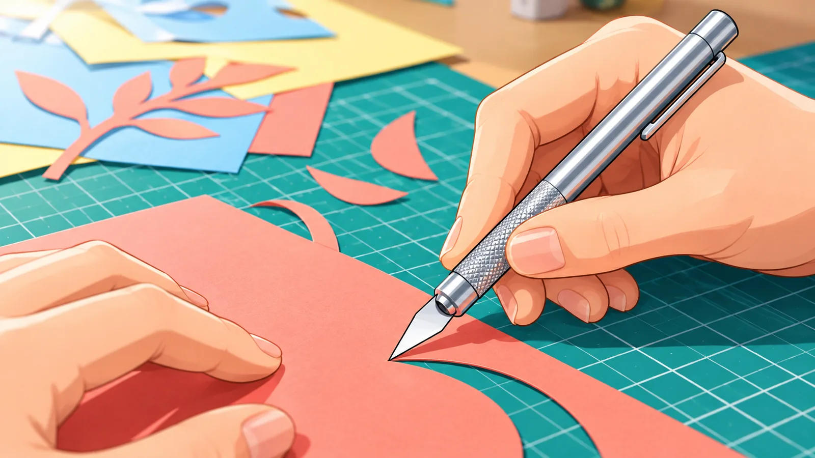 Tangan memotong kertas berwarna dengan pisau seni jenis pen