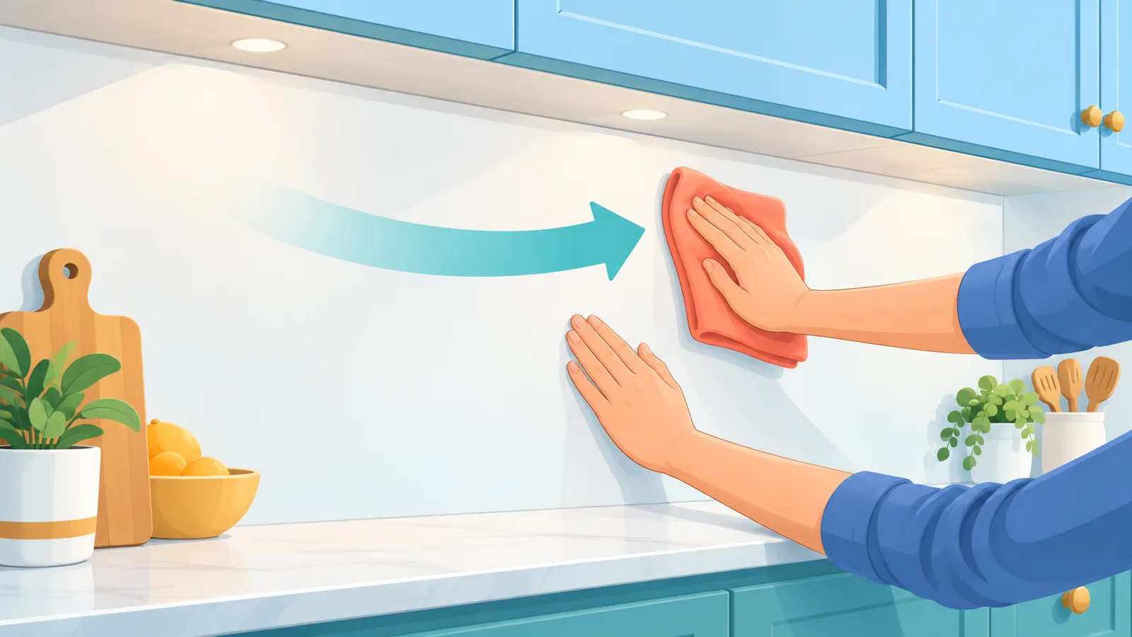 Tangan membersihkan dan meratakan dinding dapur sebelum memasang tile