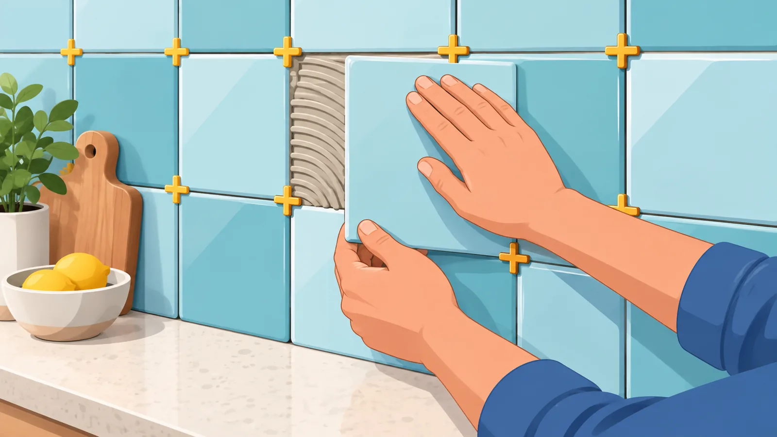 Tangan menekan tile seramik pada pelekat di dinding dengan spacer plastik