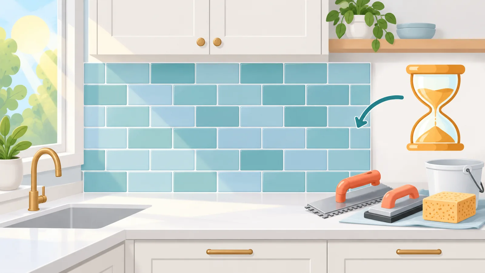 Backsplash dapur yang baru dipasang dibiarkan kering dengan alatan diketepikan