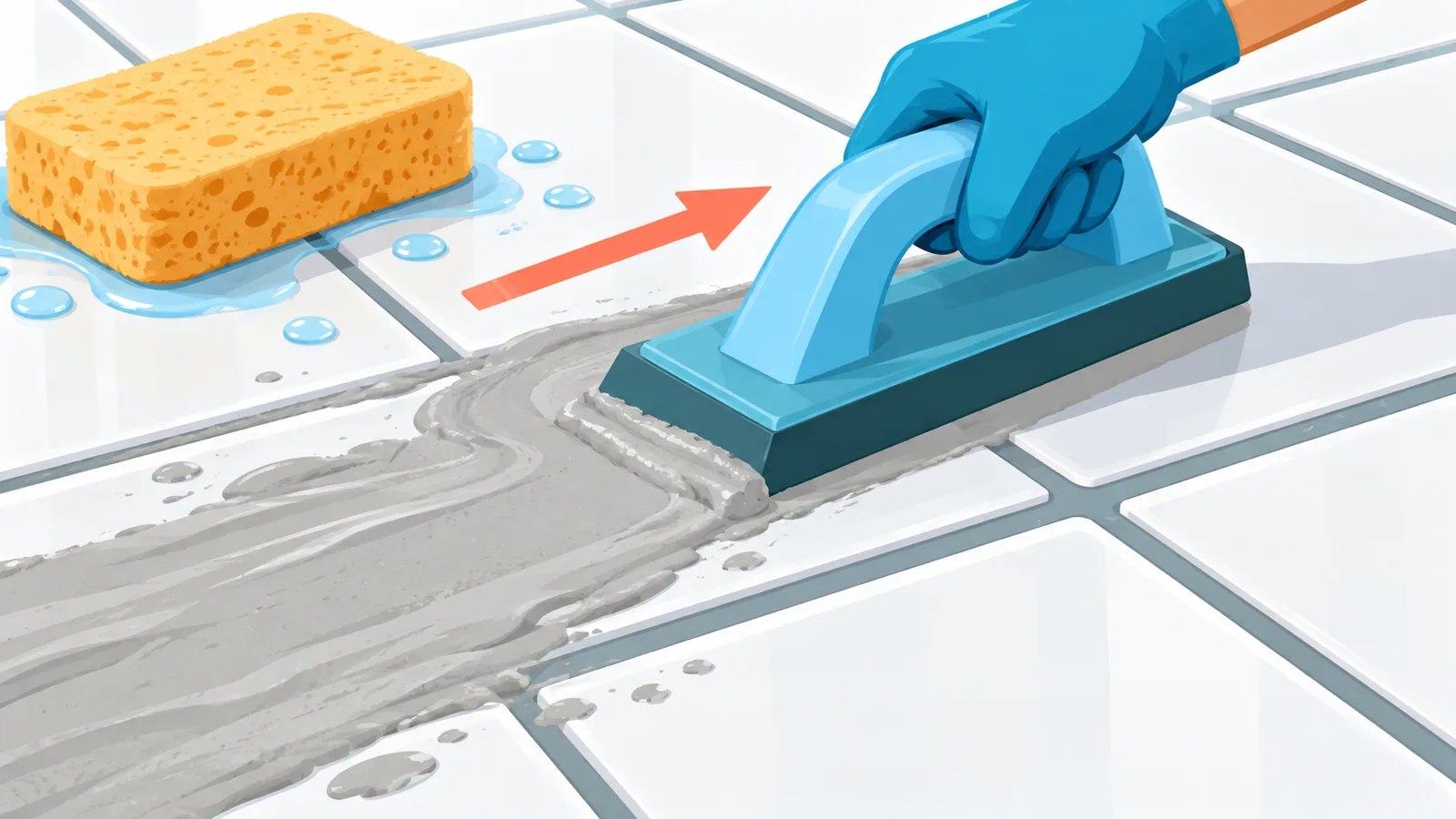 Pengikis grout getah menolak grout secara menyerong merentasi tile putih