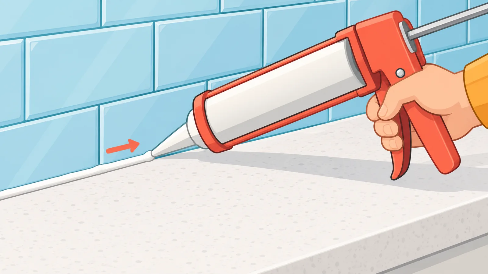 Tangan mengisi celah antara kaunter dan backsplash dengan caulk