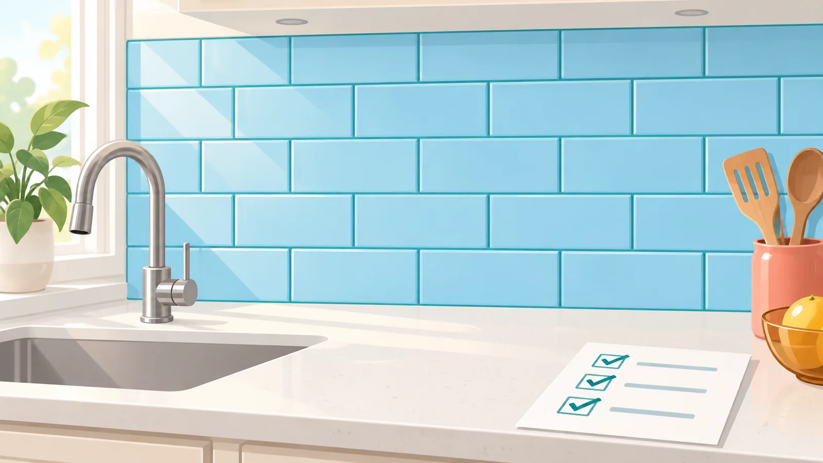 Backsplash dapur siap dengan garisan grout kemas dan senarai semak di atas kaunter
