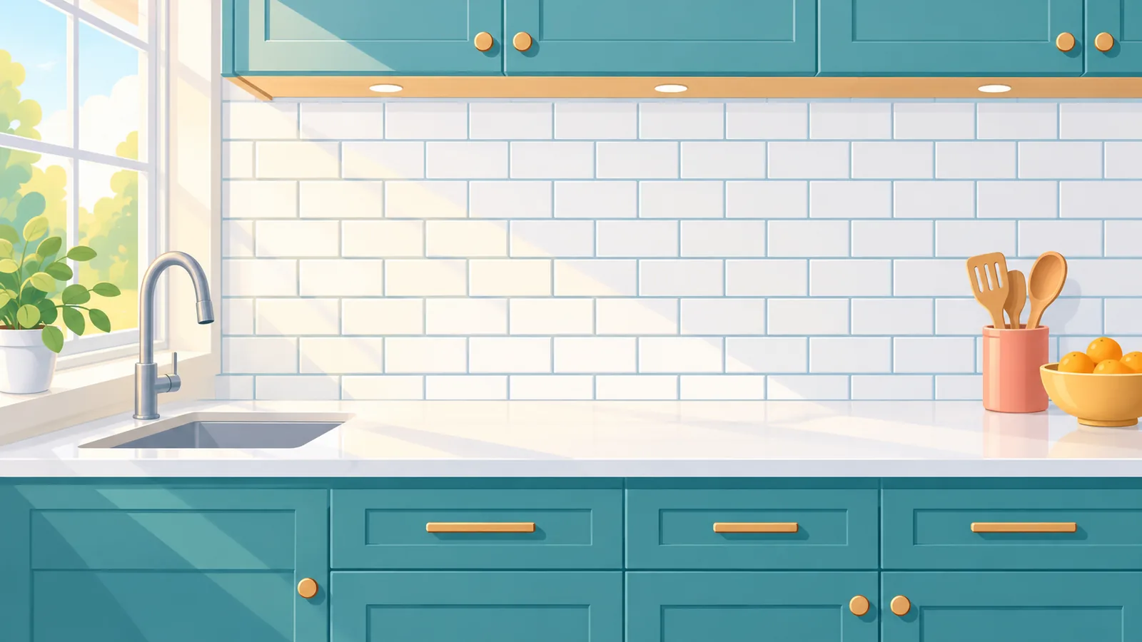 Backsplash tile subway putih yang siap di atas kaunter dapur yang kemas
