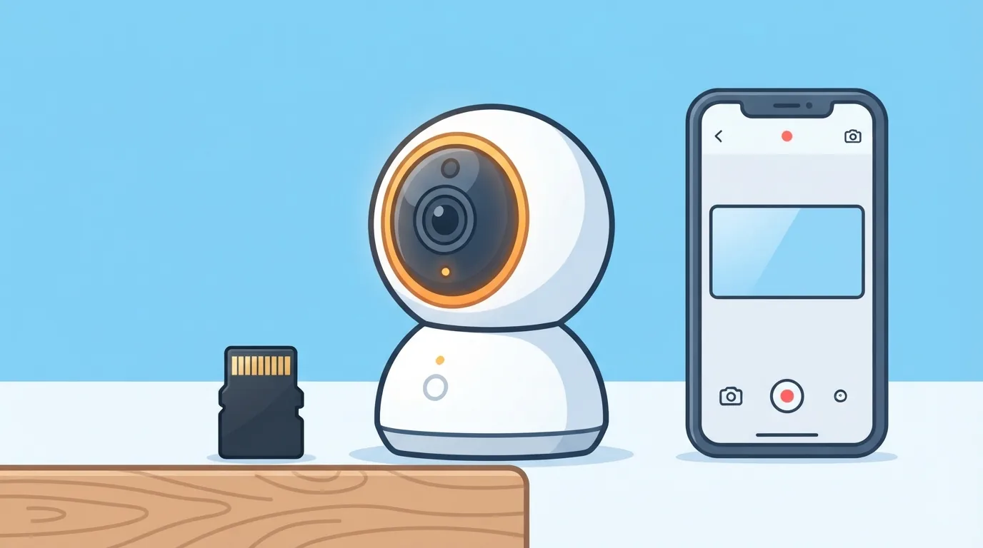 Kamera keselamatan dengan kad microSD di atas meja kayu