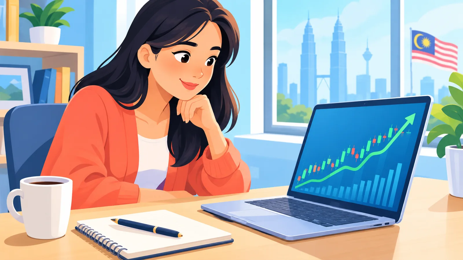 Pelabur muda melihat carta saham teknologi pada komputer riba