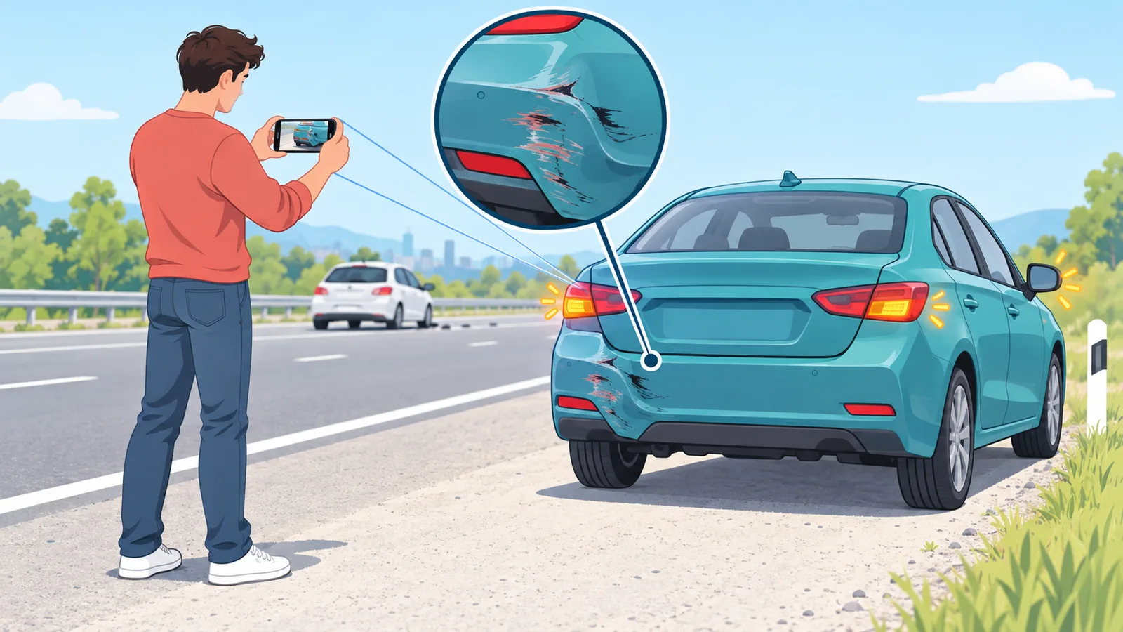Pemandu mengambil gambar kerosakan kereta di tepi jalan