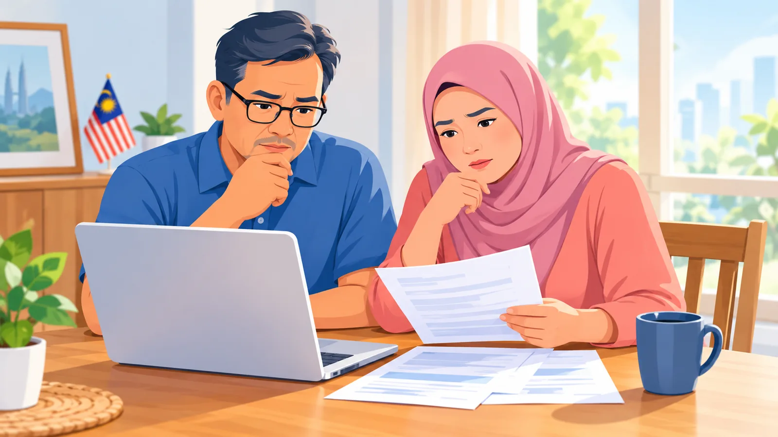 Pasangan meneliti pilihan peguam wasiat di meja rumah