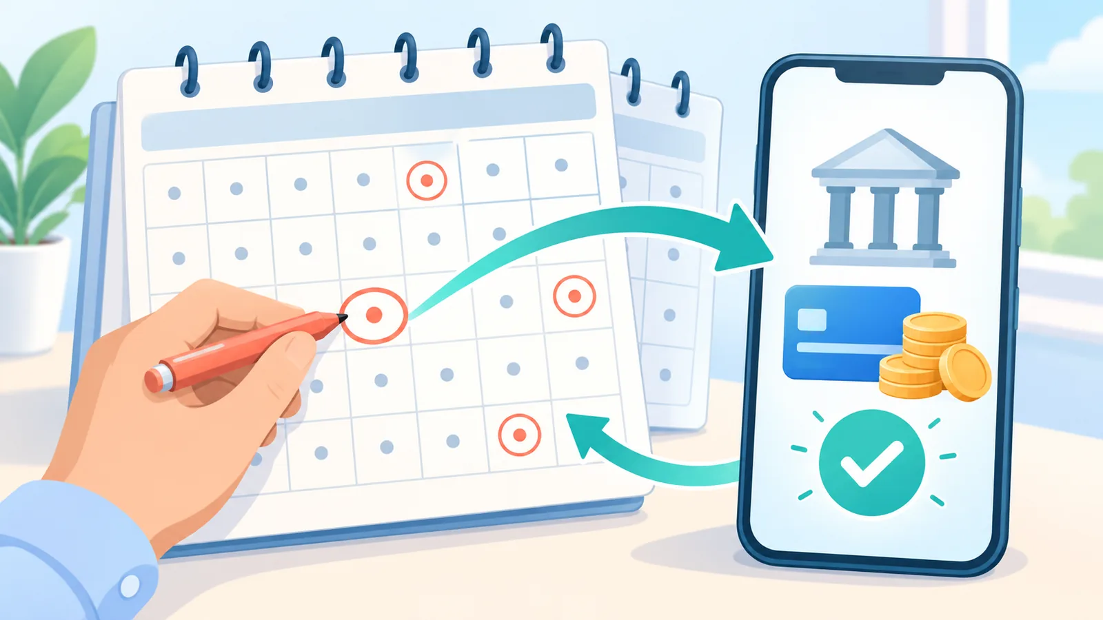 Tangan menanda tarikh bayaran bulanan pada kalendar bersebelahan telefon dengan aplikasi bank