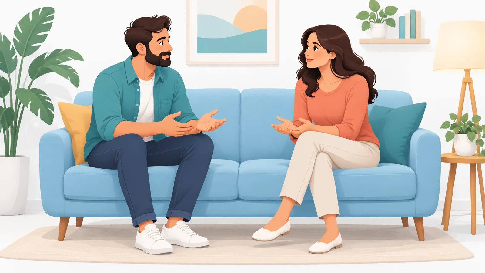 Dua orang berbincang dengan tenang di sofa