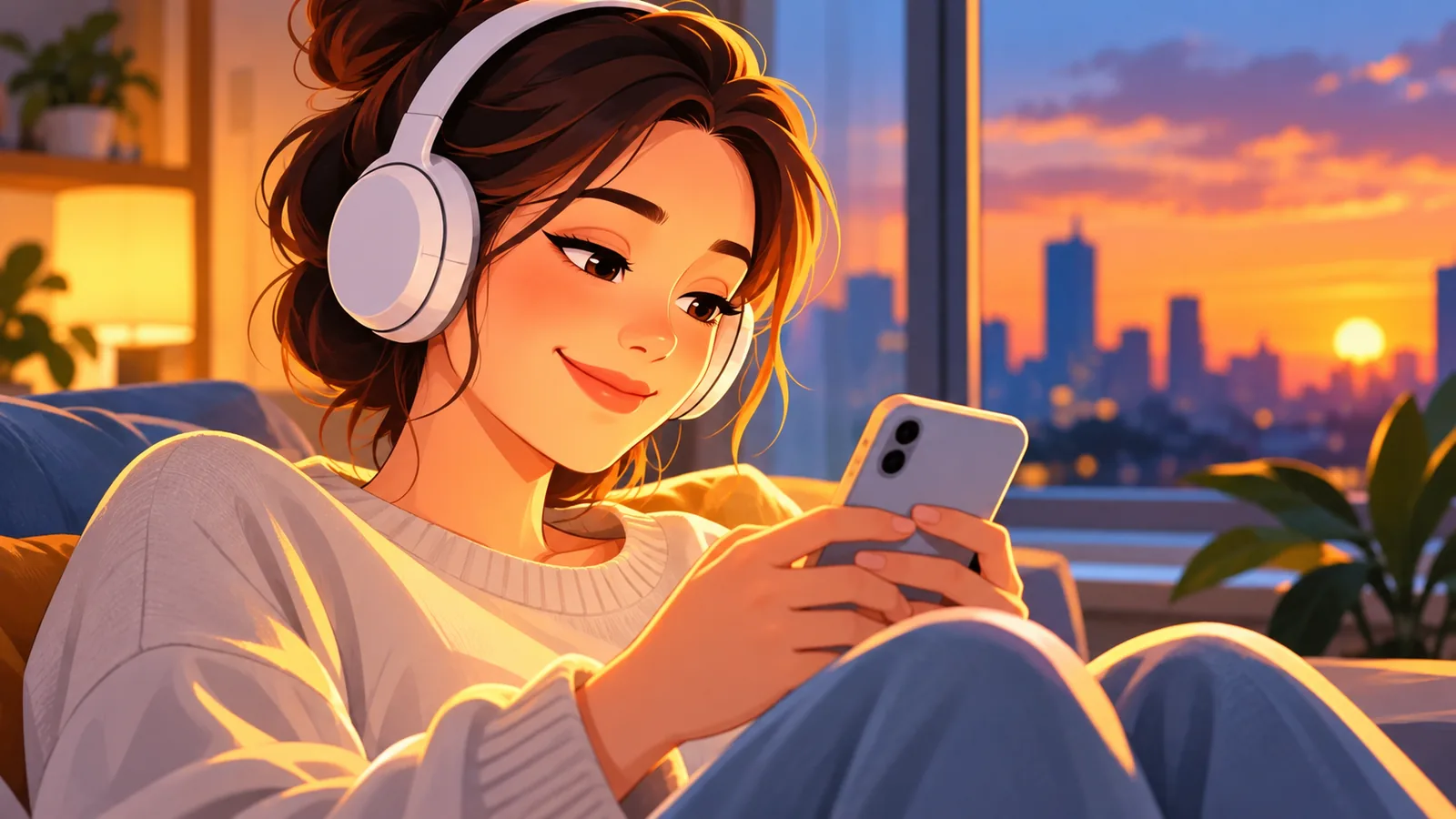 Seorang wanita mendengar lagu cinta dengan fon kepala di tepi tingkap ketika senja