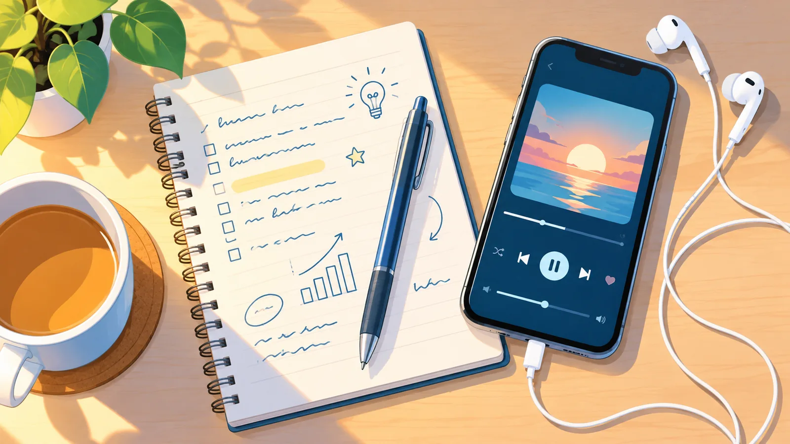 Buku nota, fon telinga dan telefon di atas meja ketika memilih lagu